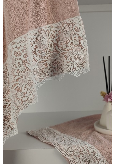 Gipür Dantelli Banyo Havlusu Takımı-%100 Pamuk Banyo Seti-gelin Havlusu Gulkurusu Gül Kurusu