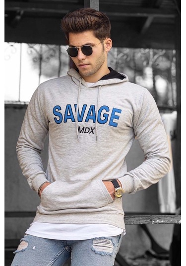 Madmext Basklı Gri Kapşonlu Sweatshirt 4147 Gri