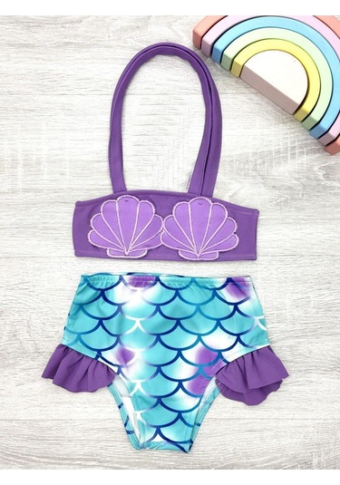 Kız Çocuk Deniz Kabuğu Nakışlı Ve Fırfırlı Mayo Takımı 2-8 Yaş 12212 Lila