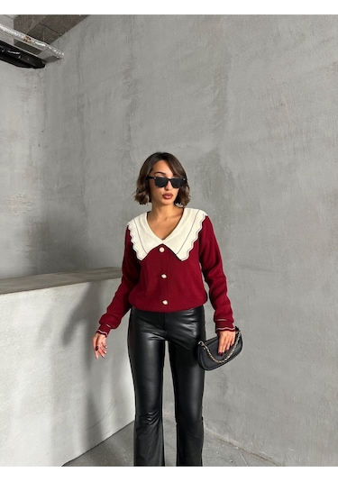 Kadın Yaka Detaylı Triko Bluz Bordo