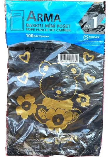 Arma Baskılı Mini Blok Poşet Torba - No : 1 - 22 x 35 CM - Siyah - 100 Adetlik 5 Paket