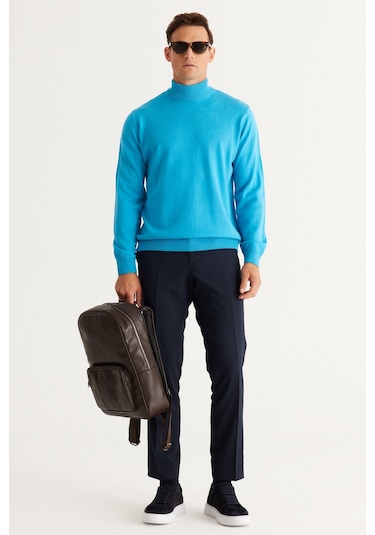 AC&Co / Altınyıldız Classics Erkek Turkuaz Standart Fit Normal Kesim Yarım Balıkçı Yaka Triko Turkuaz