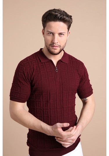 Ferraro Bordo Polo Yaka Fermuarlı Erkek Pamuk Triko T-Shirt-Bordo (417942267) Bordo