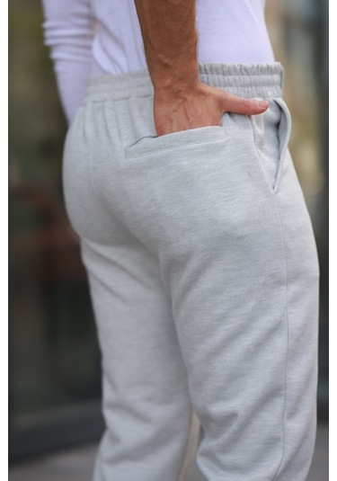 Erkek Beli Bağcıklı Duble Paça Örme Pamuklu Kumaş Jogger Pantolon Gri