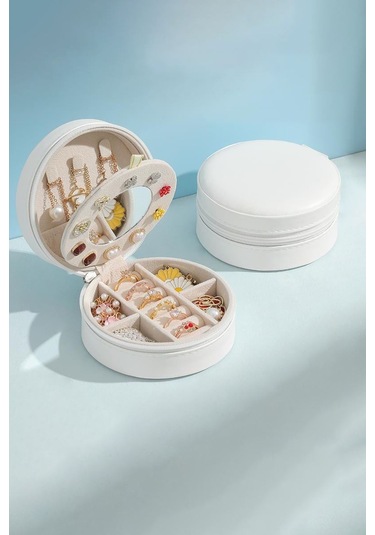 Chavin Beyaz Deri Seyahat Yüzük Küpe Kolye Takı Kutusu St1-69by Beyaz