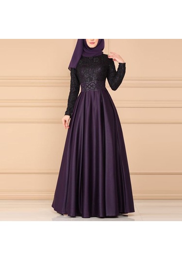 Sones Dantel Dikiş Retro Büyük Salıncak Elbise Etnik Stil Uzun Kollu İnce Elbise Mor