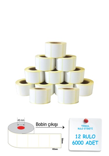Termal Barkod Etiketi 40x58mm 12 Rulo 500'lü Sarım