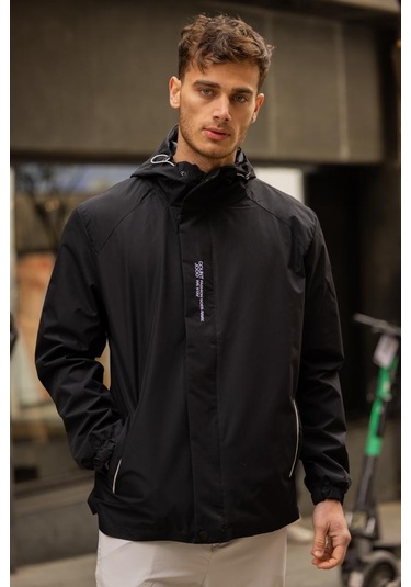 Yeast İçi Astarlı Suya Dayanıklı Kapşonlu Fermuarlı Yağmurluk - Siyah Siyah