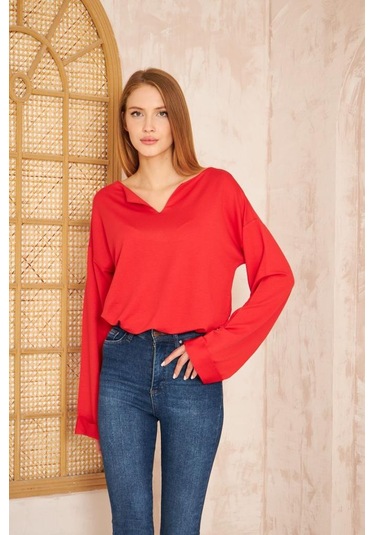 Kadın Ekstra Uzun Duble Kol / Yakası Yırtmaçlı Salaş Sweatshirt Bluz 3470190 Kırmızı