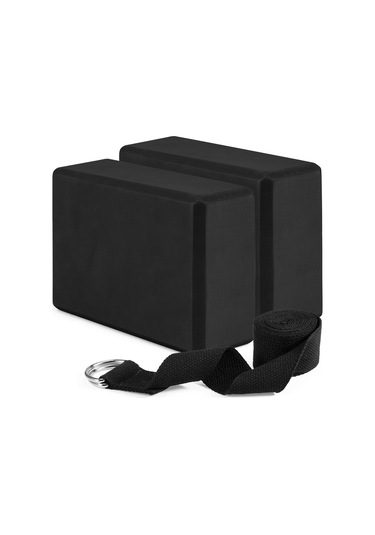 Konesam Eva Yoğun Köpük 2 Yoğa Bloku + Ayarlanabilir Gerdirme Kayışı Seti - Postür Düzeni, Esneme Ve Denge İyileştirici - Siyah