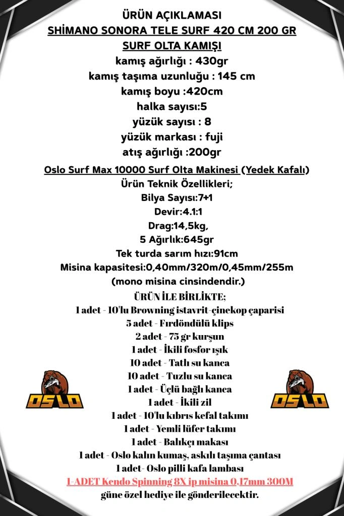 Oslo Surf Max 10000 Shimano Sonora Ax 420cm 200gr Profesyonel Surf Olta Seti Standart