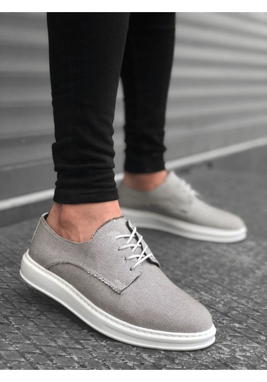 ER0003 Bağcıklı Klasik Spor Gri Renk Keten Yüksek Taban Casual Erkek Ayakkabı