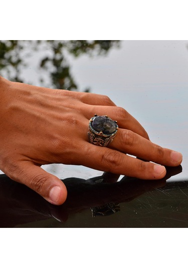 El Yapımı 925 Ayar Gümüş Erkek Yüzük Doğal Taş - Orta Doğu Kültürel Tasarımı Oniks Gümüş