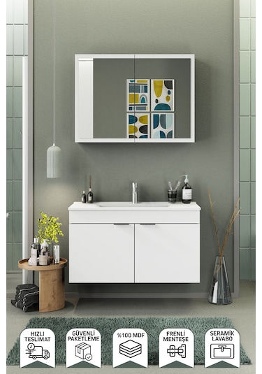 Biani Fix Loft 100 Cm Banyo Dolabı,Seramik Lavabolu, Aynalı,Lavabo Dahil,Mdf,Mat Beyaz Biani Fix Loft 100 Cm Banyo Dolabı,Seramik Lavabolu, Aynalı,Lavabo Dahil,Mdf,Mat Beyaz