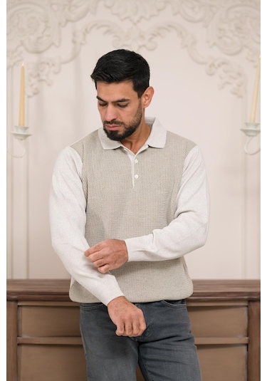 Woolen World Polo Yaka Armürlü Yünlü Erkek Triko Kazak Krem