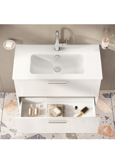 Mia 75024 Banyo Dolabı Seti, Çekmeceli, 80 Cm, Parlak Beyaz