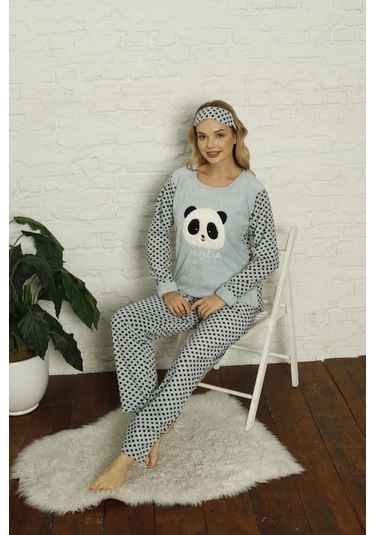Kadın Puantiyeli Alt Polar Üst Kışlık Pijama Takımı 02129 Mint Yeşil