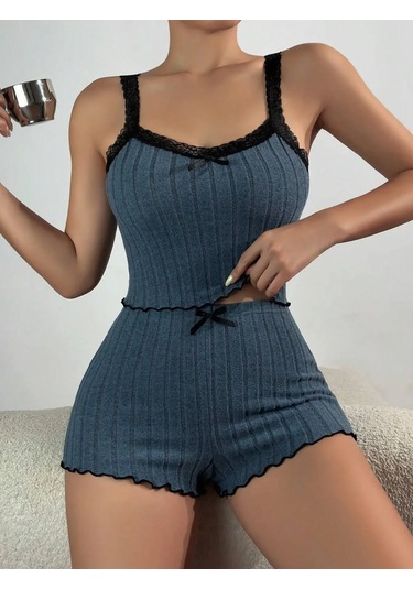 Snapbuy Kadınlar İçin İlkbahar Yaz Pijama Takımı - Dantel Üst Ve Şort Loungewear Mavi