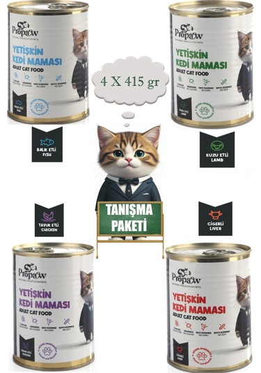 Propaw Premium Parça Etli Jöleli Ciğerli + Tavuklu + Kuzulu + Balıklı Tanışma Paketi Yetişkin Kedi Maması 4 x 415 G