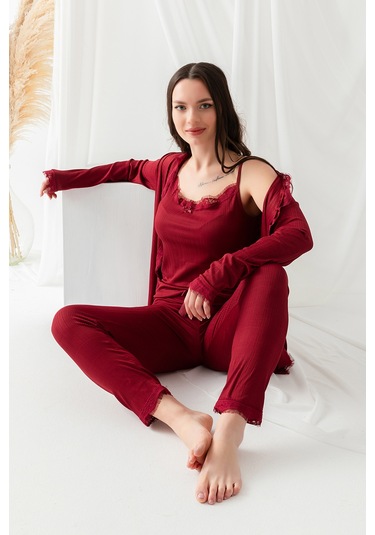 Sabahlıklı Dantel Detaylı Pegasus Kadın Pijama Takımı-çeyizlik Takım- Geniş Beden Aralığı Bordo