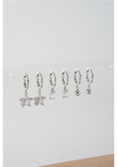 Byzeynaaksesuar Kadın Zirkon Taşlı Sallantılı Yıldız Figürlü Klipsli 6'lı Küpe Seti Çok Renkli