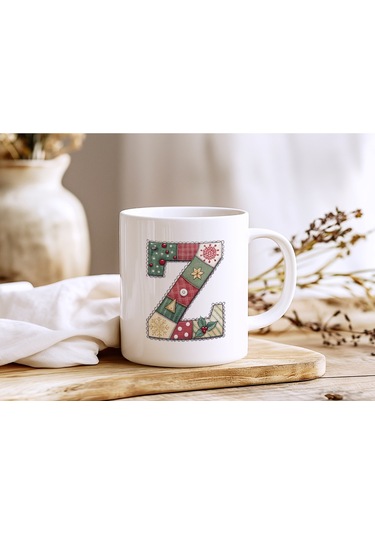 Z Harfi Yılbaşı Temalı Kupa Bardak - Yeni Yıl Konsept Yamalı Efekt Tasarım - Noel Hediye Beyaz