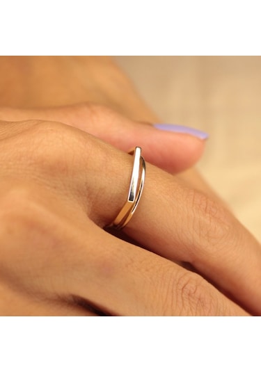 Taşsız Altın Yüzük - 14 Ayar Altın Çift Çizgi Minimal Altın Kadın Yüzük - Sevgiliye Hediye Yüzük Sarı Altın