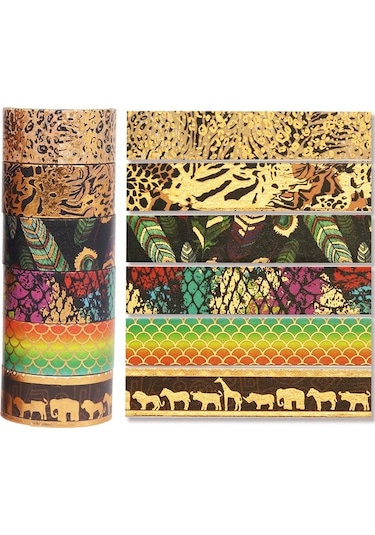 Novahub Altın Folyo Washi Bant Seti - Dıy & Hediye Paketleme 12 Rulo Vahşi Doğa Desenli