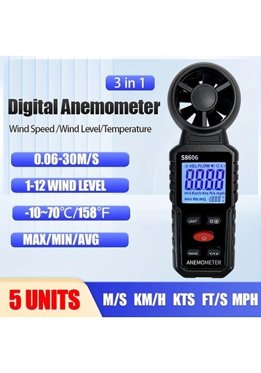 Boatshop1 Siyah El Tipi Dijital Anemometre Ruzgar Hizi Sicaklik Ve Seviye Olcer Pilsiz Black