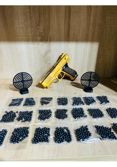 Gold Renk Boncuklu Oyuncak Tabanca 1 Adet + 2 Adet Hedef 9 Cm Siyah + 21 Paket Boncuk Karışık