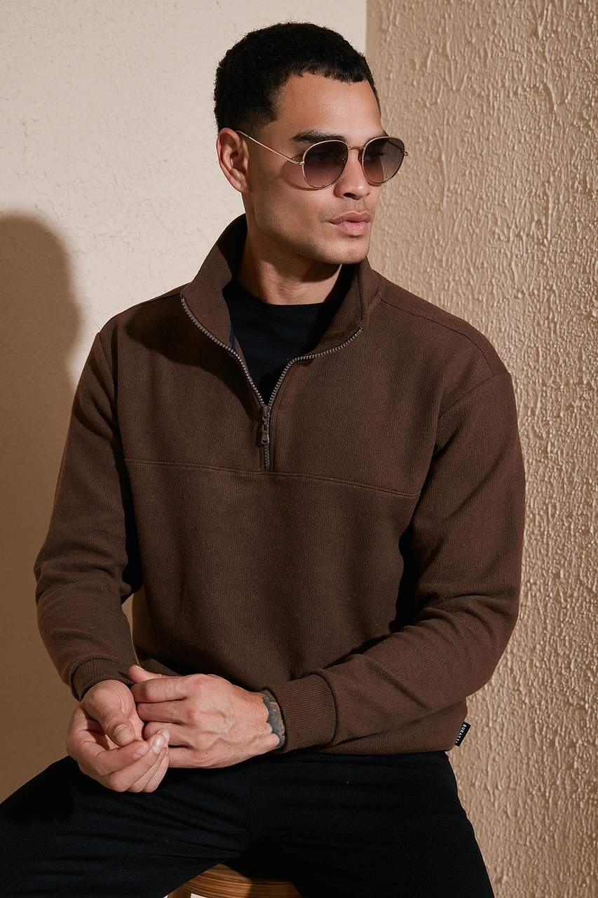 Buratti Pamuklu Regular Fit Yarım Fermuarlı Dik Yaka Erkek Kazak 456112 Kahve