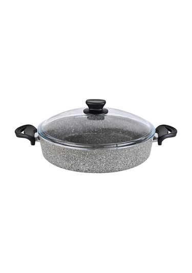 Diez 32 Cm Granit Basık Tencere Gri Yapışmaz Karnıyarık & Pilav Tenceresi Cam Kapaklı