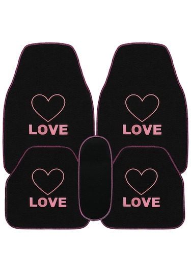 Kalp Ve Aşk Desenli Pembe Nakışlı 5'li Oto Halı Paspas Seti Love Yazı Detaylı Araba Paspas Takımı