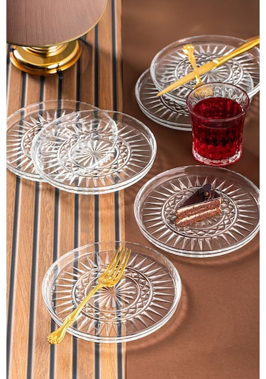 Porsima Milano Pasta Tabağı Dik Tabak - 6lı Cam Sunumluk Pasta Kurabiye Kek İkram Servis Tabağı-16 Cm Şeffaf