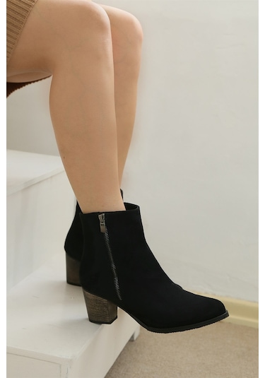 Shoetek Nora Kadın Bot Kalın Topuklu Siyah Süet Siyah Suet Siyah