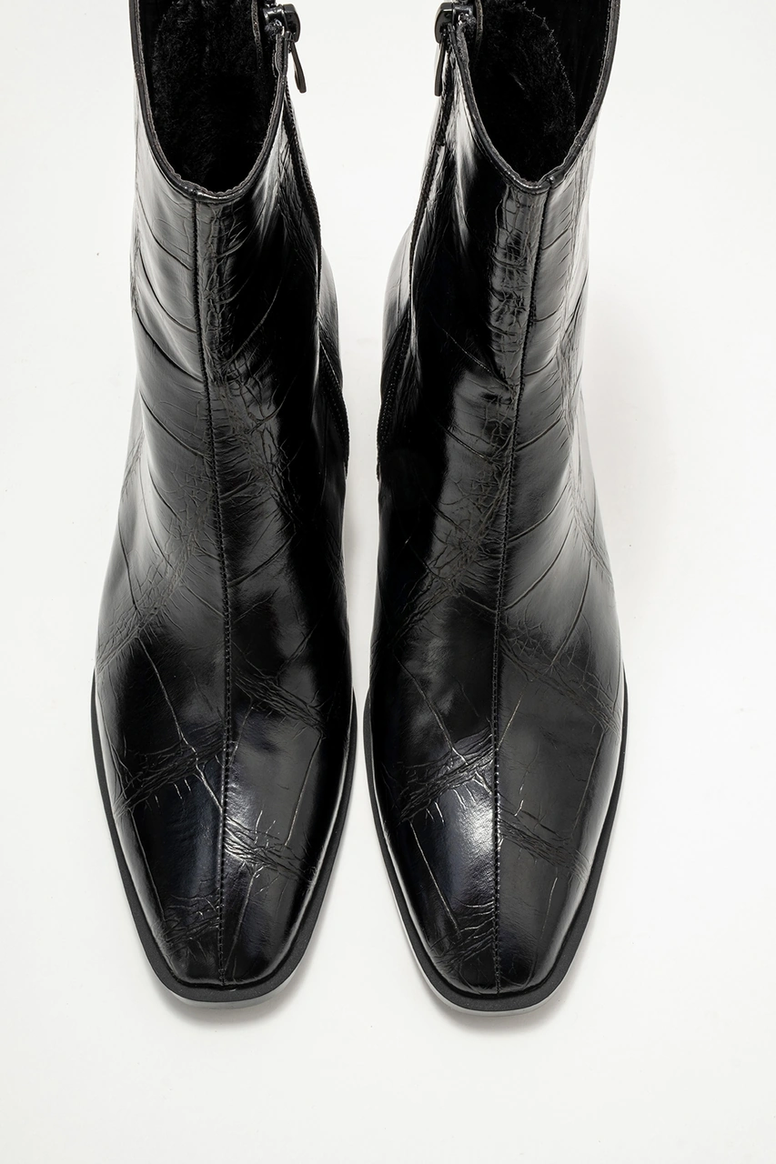 Chara Siyah Baskı Kadın Kalın Topuklu Bot Siyah Kroko