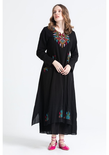 Uzun Kol Şile Bezi Nakışlı Antik Uzun Elbise Siyah Syh-siyah Siyah