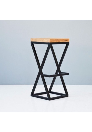 X Sheped Doğal Ahşap Bar Taburesi Siyah