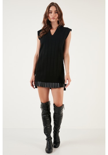 Lela V Yaka Arkası Uzun Triko Bayan Süveter 4616088Y Siyah