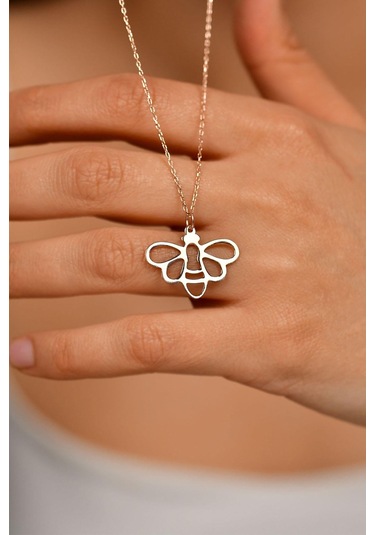 Rose Arı Motifli Özel Tasarım Gümüş Kolye Gümüş - Rodyum