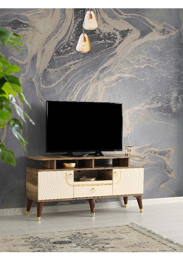 110 CM ART RAFLI MDF MEBRAN KAPAK TV SEHPASI PASİFİK CEVİZ - GOLD