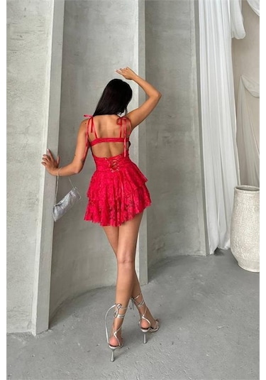 Dip Moda Kadın İçi Şortlu Prenses Mini Elbise Dpnbdf060 Kırmızı
