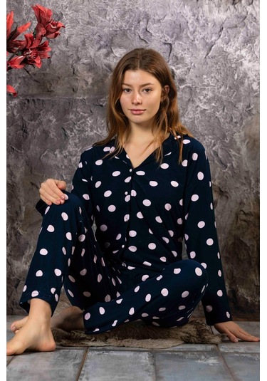 Yeni Sezon Düğmeli Süet Kadın Pijama Takımı 5503-lacivert Puantiye Lacivert