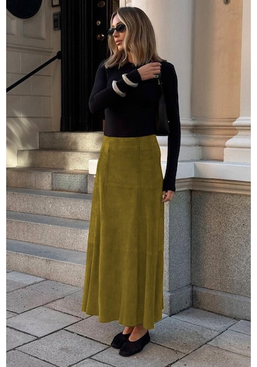 Yağ Yeşili Süet Uzun Etek Mg2549 Yağ Yeşili