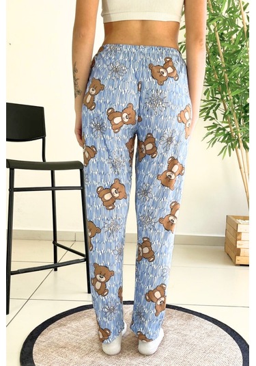 Dreamy Soft Kadife Dokulu Ayıcık Desenli Süet Pijama Altı Pantolon Mavi