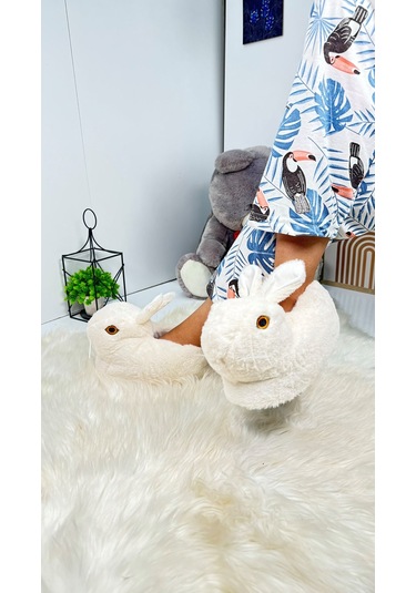 Kadın Panduf Tavşan Figürlü Peluş Ev Botu Desenli Düz Taban Rahat Hafif 359 Ekru