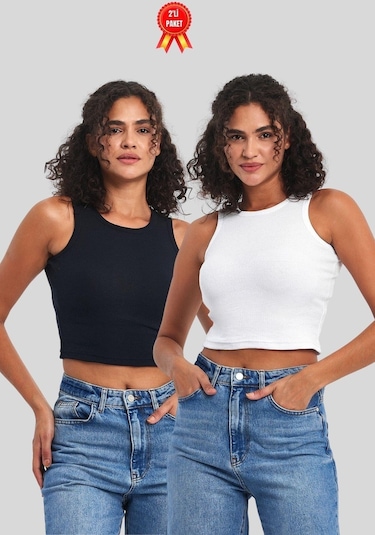 Comeor Kadın Siyah-beyaz Fitilli Görünümlü Askılı Kalın Esnek Örme 2'li Basic Crop Atlet Bluz Cmrb93 001 Comeor Kadın Siyah-beyaz Fitilli Görünümlü Askılı Kalın Esnek Örme 2'li Basic Crop Atlet Bluz Cmrb93 001