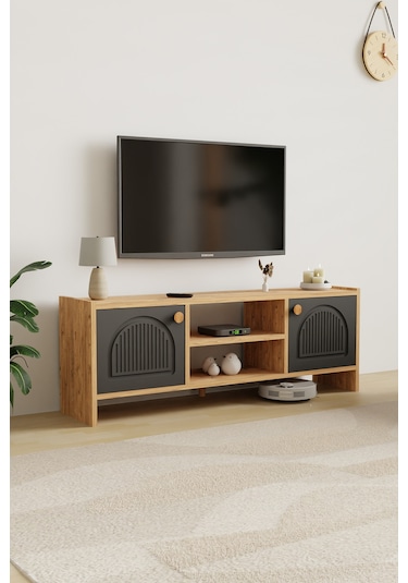 Molde Bohem Tv Sehpası Mdf Membran Kapaklı Raflı Tv Ünitesi Televizyon Sehpası Atlantik Çam - Antrasit