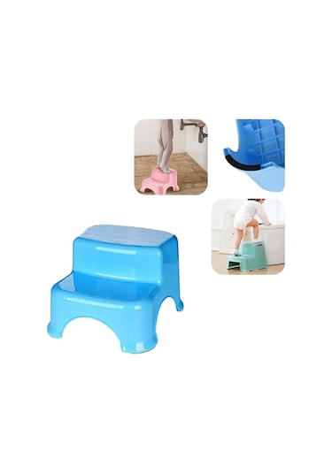 Plastik 2 Basamaklı Çocuk Basamağı Kaymaz Pvc Tabanlı Mavi