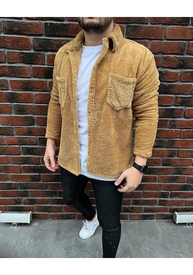 Unisex Camel Düğme Detaylı Cepli Peluş Ceket Camel